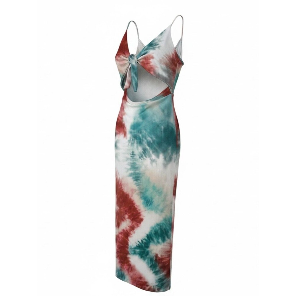 NWOT Tie-Dye Cutout Maxi Dress Adjustable Straps — Teal & Red - side Medium